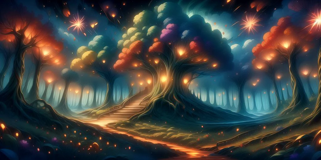 extremely detailed wallpaper, anime, best quality, absurd resolution, intricate detail, (perfect detail features), 8k, UHD, (masterpiece:1.4), high quality, high definition, animation, illustration, highly detailed, highres, extremely detailed, sharp focus, anime, <lora:hyperdenoiser_v090:0.6>, <lora:hyperrefiner_v090:0.6>, <lora:add_detail:0.6>, 4k, absurd resolution, forest, sky, elemental, sparks, mythical, sanctuary, magical, light particles, rainbow, colourful, (no humans), energy, <lora:secret star glow style:0.8>, glowing, <lora:Sky_Bloom_Forest:0.8>, falling leaves, flowers, grass, fireflies, <lora:ghublism:0.8> Ghiblism-Ghibli, GhiblismDetailed, Ghiblismkw <lora:r1ge - AnimeRage:0.6> r1ge