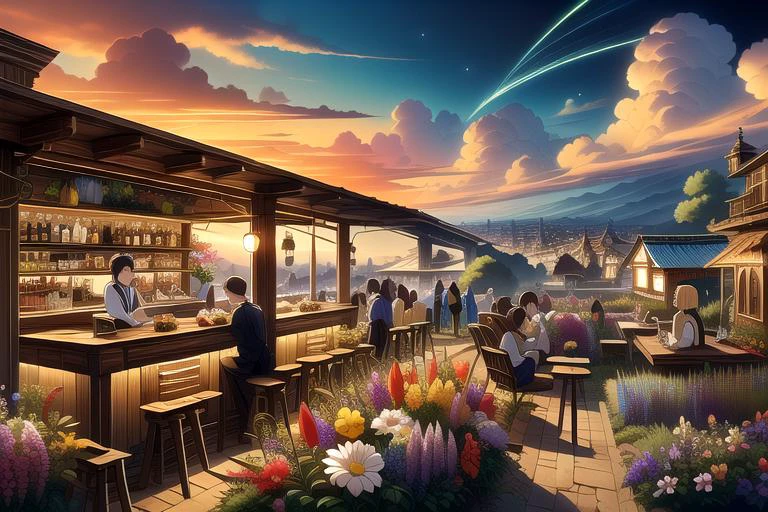anime, best quality, absurd resolution, intricate detail, (perfect detail features), 8k, UHD, (masterpiece:1.4), (high quality:1.4), high definition, animation, illustration, highly detailed, highres, extremely detailed, sharp focus, <lora:hyperdenoiser_v090:0.5>, <lora:hyperrefiner_v090:0.5>, <lora:add_detail:0.3>, 4k, absurd resolution, <lora:Elysian_Aura_Meadows:0.4> <lora:1710602021232214072:0.8> Ghiblism2-Ghibli, GhiblismDetailed2, Ghiblismkw2, ancient glory, elysian aura meadows, realm of transcendent beauty, vibrant energy of life, wildflowers in a vivid spectrum of colors,soft breeze,visual delight,open sky,universe,awe-inspiring,blooming flowers,nature,sanctuary,dappled sunlight,soft grass,rolling hills in the distance,warm glow of the setting sun,flowers, <lora:skybar:0.7> (sky bar:1.5), scenery, ((building, city, cityscape, skyscraper, architecture, bridge, city lights, street, outdoors, tower, railing))