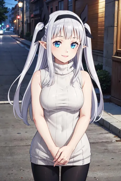 masterpiece,best quality,highres,ultra-detailed,aaloo,long hair,two side up,bangs,hair ribbon,(black hairband:1.2),breasts,<lora:loo:0.6>,(sweater:1.2),(turtleneck:1.2),(sleeveless:1.2),street,smile,standing,