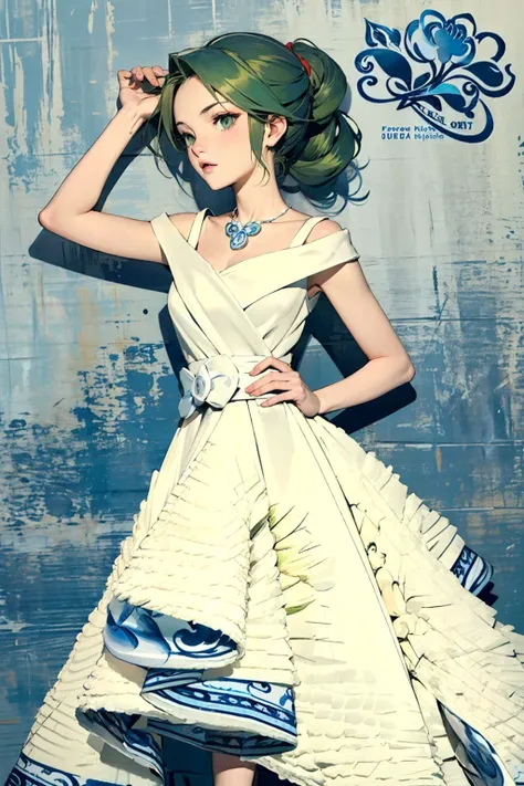 (Masterpiece:1.3), (best quality:1.2), (green hair:1.1), ponytail, green eyes, (braided ponytail:1.1), (medium breasts:1.1), (4v4ntg4td3:1.2), white dress, (blue willow pattern:1.2), <lora:4v4ntg4td3_freckledvixon:0.9> elegant pose, necklace, bracelets
