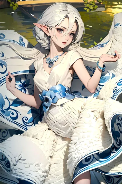 (Masterpiece:1.3), (best quality:1.2), (white hair:1.1), long hair, pink eyes, elf (braid:1.1), (medium breasts:1.1), (4v4ntg4td3:1.2), white dress, (blue willow pattern:1.2), <lora:4v4ntg4td3_freckledvixon:0.9> elegant pose, necklace, bracelets