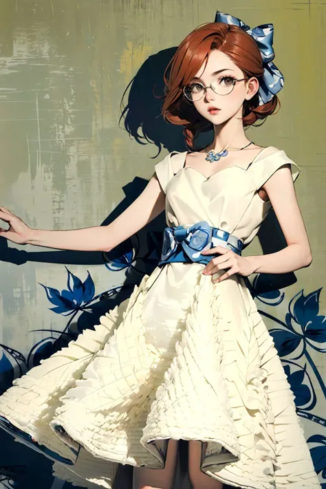 (Masterpiece:1.3), (best quality:1.2), (red hair:1.1), short hair, dark eyes, (long braid:1.1), (medium breasts:1.1), (4v4ntg4td3:1.2), white dress, (blue willow pattern:1.2), <lora:4v4ntg4td3_freckledvixon:0.9> necklace, hair bow, glasses