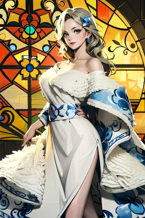 (Masterpiece:1.3), (best quality:1.2), (blonde hair:1.1), long wavy hair, clear blue eyes, hairpin, (huge breasts:1.1), (4v4ntg4td3:1.2), white dress, (blue willow pattern:1.2), <lora:4v4ntg4td3_freckledvixon:1.0> smile, arrogant, head held high, (off shoulder:1.2), diamond earrings, silver bracelet, (excessive side slit:1.1), thigh, indoors, dark stone room, pillars, stained glass windows,