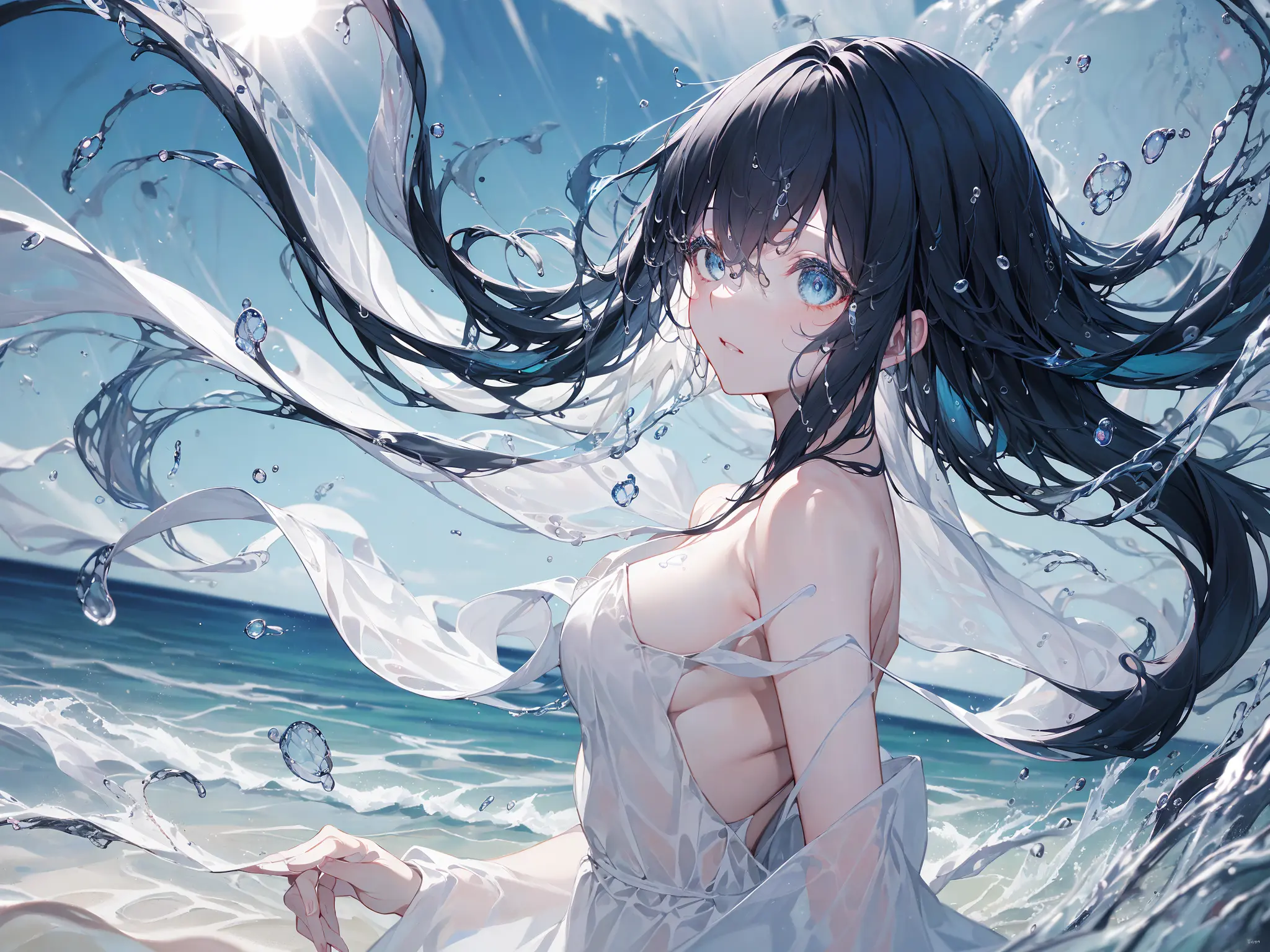 (Background), masterpiece, best quality,Illustration, Wallpaper, ultra detail, absurdres, 1girl, solo, (liquid hair:1.2), beautiful detailed eyes,
bangs, cowboy shot, long hair, magical girl, white hair, waves, water, water drop, looking to the side, wading,
sea water,beach,sea, cliff, sun, cloudy sky,
<lora:LiquidHairV3(104):1:CHAR> ,