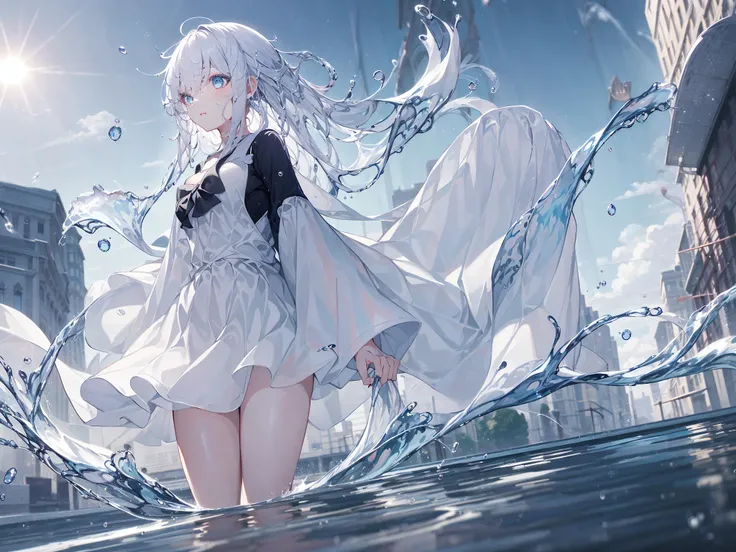 (Background), masterpiece, best quality,Illustration, Wallpaper, ultra detail, absurdres, 1girl, solo, (liquid hair:1.2), beautiful detailed eyes,
bangs, cowboy shot, long hair, magical girl, white hair, waves, water, water drop, looking to the side, wading,
(street:1.5), sun, cloudy sky,
<lora:LiquidHairV3(104):1:CHAR> ,