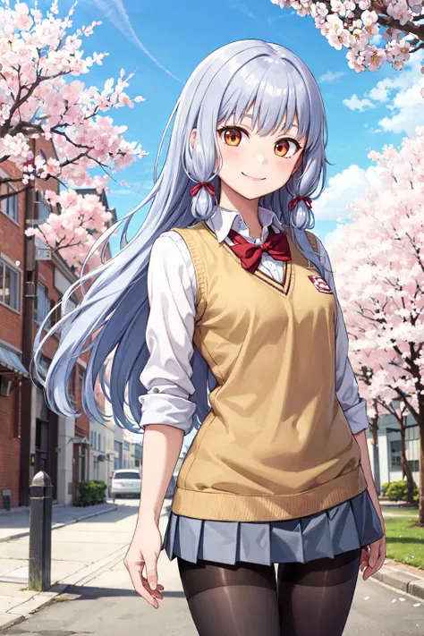 masterpiece,best quality,highres,ultra-detailed,aamurakumo,long hair,hair ribbon,<lora:murakumo:0.7>,pantyhose,outdoors,cherry blossoms,street,smile,(school uniform:1.2),sweater vest,(bowtie:1.2),