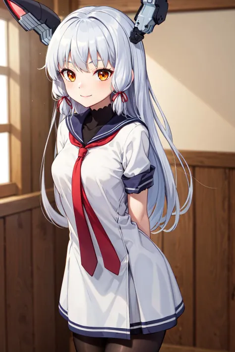 masterpiece,best quality,highres,ultra-detailed,aamurakumo,headgear,orange eyes,long hair,hair ribbon,red necktie,sailor collar,(white dress:1.2),(white sailor dress:1.2),short sleeves,black fingerless gloves,black pantyhose,shoes,<lora:murakumo:0.7>,indoors,cowboy shot,smile,(arms_behind_back:1.2),