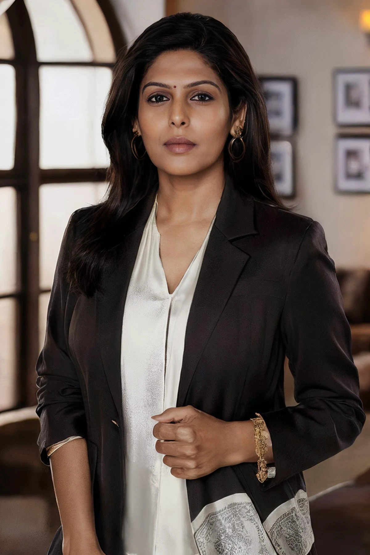 studio glamour photoshoot, (full body shot:1.0), photorealistic photo of piuymilf, a mature indian woman, fine lines and wrinkles, wearing a blouse and blazer jacket, looking at the camera, realistic, (masterpiece:1.1), (best quality:1.1), beautiful, (intricate details), unity 8k wallpaper, ultra detailed, aesthetic, perfect lighting, <lora:piuymilf_V1-000012:0.9>