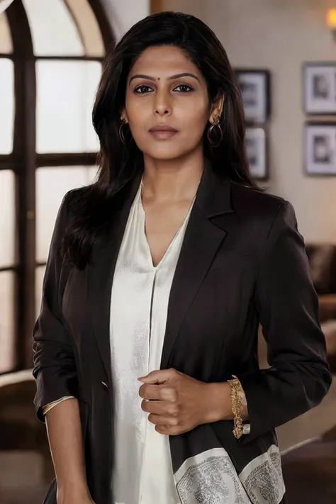 studio glamour photoshoot, (full body shot:1.0), photorealistic photo of piuymilf, a mature indian woman, fine lines and wrinkles, wearing a blouse and blazer jacket, looking at the camera, realistic, (masterpiece:1.1), (best quality:1.1), beautiful, (intricate details), unity 8k wallpaper, ultra detailed, aesthetic, perfect lighting,  <lora:piuymilf_V1-000012:0.9>