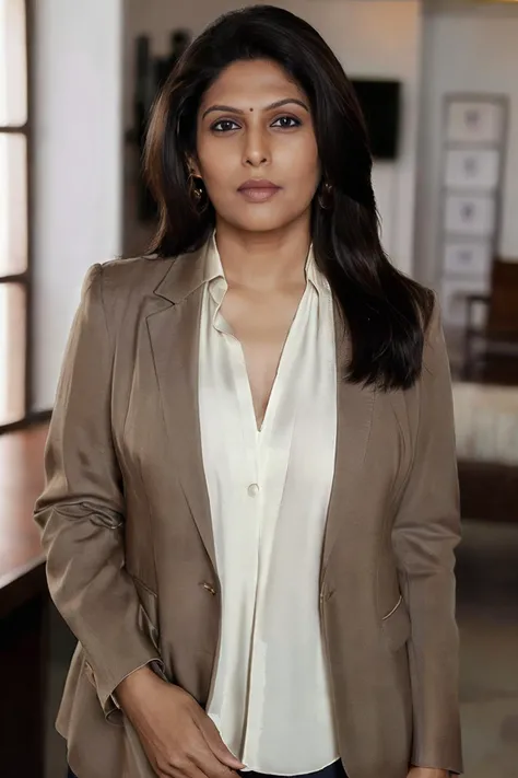 studio glamour photoshoot, (full body shot:1.0), photorealistic photo of piuymilf, a mature indian woman, fine lines and wrinkles, wearing a blouse and blazer jacket, looking at the camera, realistic, (masterpiece:1.1), (best quality:1.1), beautiful, (intricate details), unity 8k wallpaper, ultra detailed, aesthetic, perfect lighting, <lora:piuymilf_V1-000012:0.9>