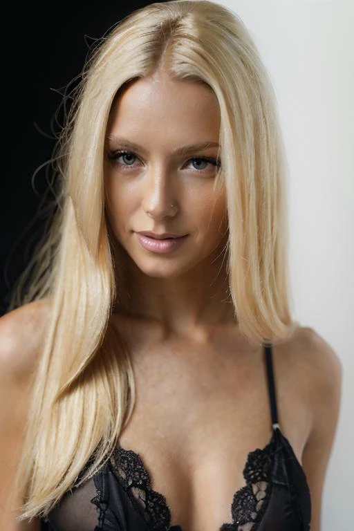 a woman with blonde hair, wearingblack lingerie, full body, white background, photorealistic photorealism, photo realistic, realism, UHD, (reallistic:1.2), (masterpiece, best quality, high quality, highres), raw photo, realistic hands, realistic eyes, <lora:ReaLora:.7>