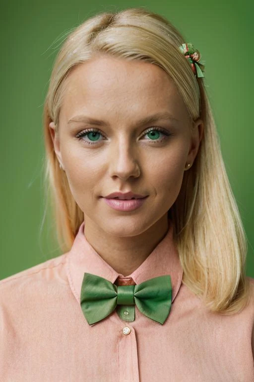a woman with blonde hair wearing a peach shirt and a bow tie around her neck, with a green background, Artur Tarnowski, photorealistic portrait, a photorealistic painting, photorealism, photo realistic, realism, UHD, (reallistic:1.2), (masterpiece, best quality, high quality, highres), raw photo, realistic hands, realistic eyes, <lora:ReaLora:.5>