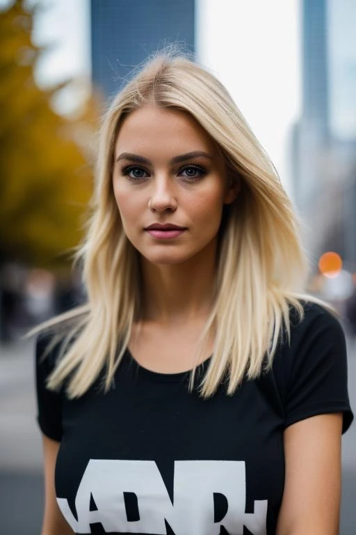 a photo of a blonde woman , black shirt, city background, bokeh, sharp focus , photo realistic, realism, UHD, (reallistic:1.2), (masterpiece, best quality, high quality, highres), raw photo