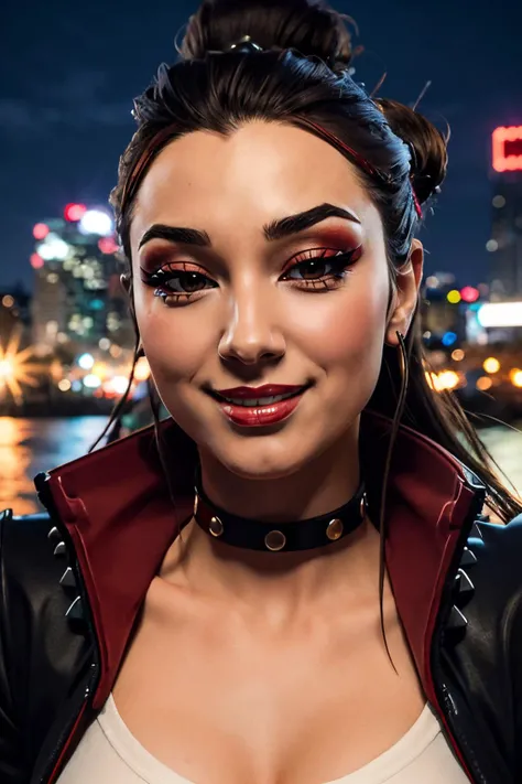 Takara2,black hair, (makeup:1.1), red eyes,medium breasts,cropped jacket,choker,bodysuit,spikes,looking at viewer, smiling, close up, outside, city, night, bokeh, high quality, masterpiece, <lora:Takara:.7>