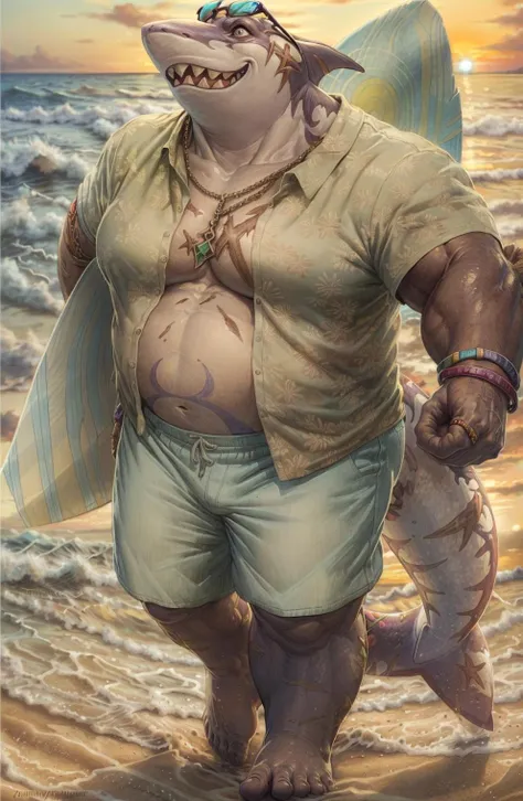 typhon(tas), male focus, sharp teeth, plump, belly, stomach, thick thighs, tail, fin, fish tail, smile, floral shirt, shorts, jewelry, eyewear on head, holding surfboard, barefoot, wristband, walking on the sand, beach, sunset, sky, sun, complex backgrond BREAK by dramamine, by morticus, by taran fiddler, by zomacaius <lora:typhon-08:1>