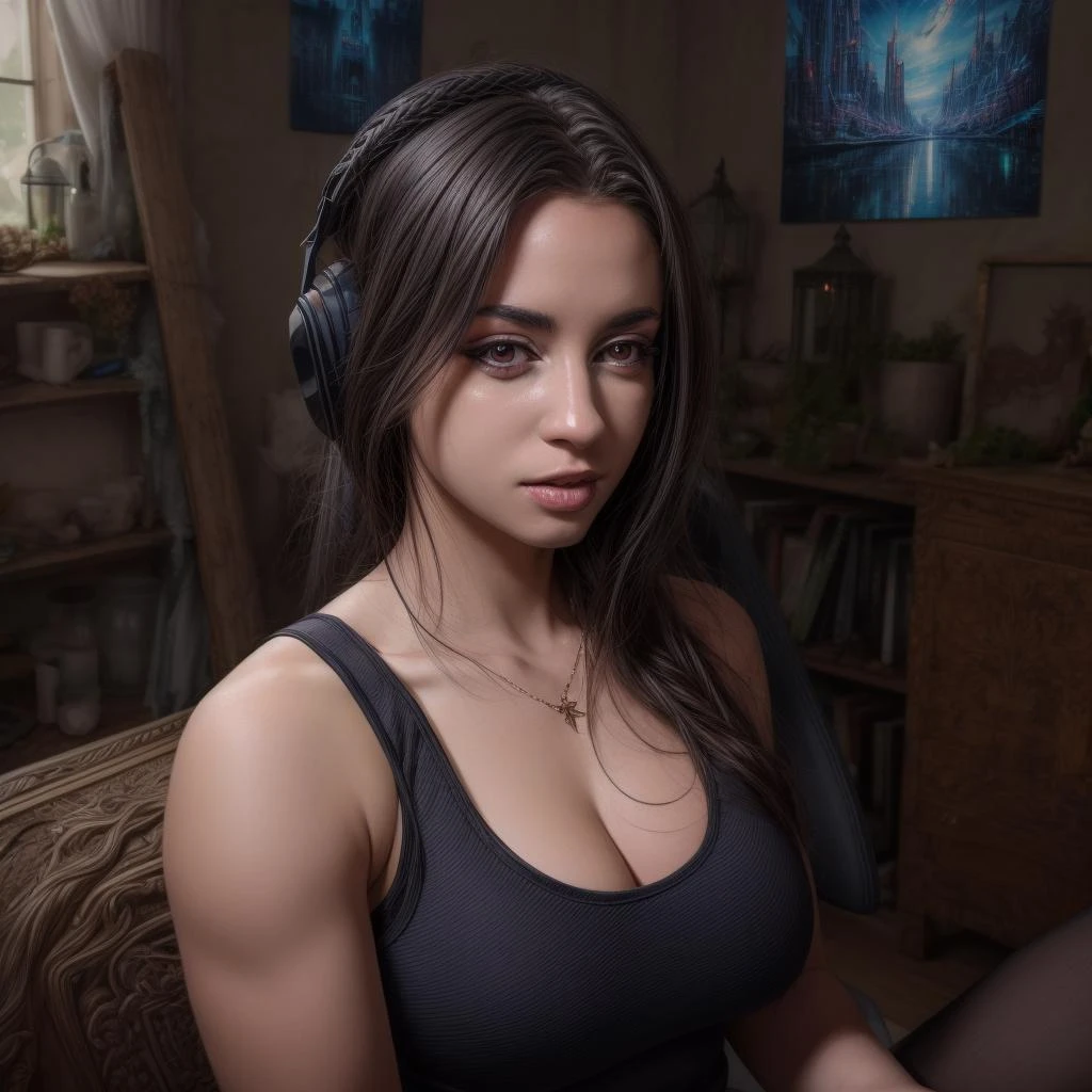 Best_QualityPos, RAW photo, intricate details, best quality, 8k uhd, soft lighting, 1girl, solo, black tank top <lora:Sweet_Anita:0.8> <lora:add_detail:1>