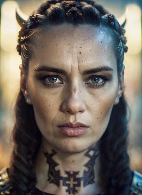 A stunning intricate full color portrait of (35 years old sks woman:1) as (viking warrior woman), (barbarian),  epic character composition, by ilya kuvshinov, alessio albi, nina masic, sharp focus, natural lighting, subsurface scattering, f2, 35mm, film grain, <lora:locon_cara_v1_from_v1_64_32:1.4>