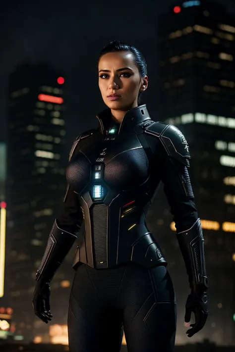 medium shot photo of a mix of (a cyborg police officer hunting down a rogue ai:0.8) and (suit with pashmina :0.5) (sks woman:0.99), (nice cleavage:1.1), intricate magical+ city, evening, dark, atmospheric, mist, best quality masterpiece, photorealistic, detailed, 8k, HDR, shallow depth of field, broad light, high contrast, backlighting, bloom, light sparkles, chromatic aberration, sharp focus, RAW color photo, <lora:caraGeeDrummer_v10:1.4><lora:epiNoiseoffset_v2Pynoise:1.0>