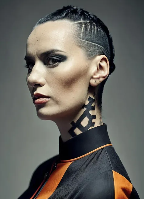 analog style, modelshoot style, portrait of sks woman by Flora Borsi, style by Flora Borsi, bold, bright colours, orange Mohawk haircut, ((Flora Borsi)), <lora:locon_cara_v1_from_v1_64_32:1.4>