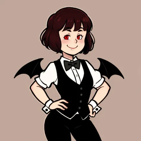 solo, upper body, 1girl,
vampire, demon_wings, head_wings, red_eyes, tuxedo, flying, brooch on bowtie,
short hair, uneven bobcut, simple background, heads-up display, seductive smile, standing, contrapposto, wide_hips,
<lyco:RChibi_0.2 (1):0.7>
