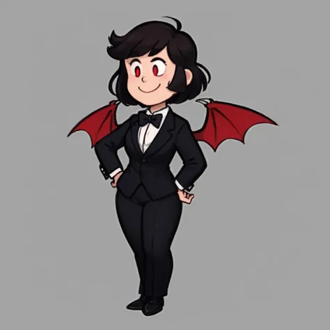 solo, full body, 1girl,
flying, vampire, demon_wings, head_wings, red_eyes, tuxedo, flying, brooch on bowtie, curvy,
short hair, uneven bobcut, simple background, heads-up display, seductive smile, standing, contrapposto, wide_hips,
<lyco:RChibi_0.2 (1):0.7>,