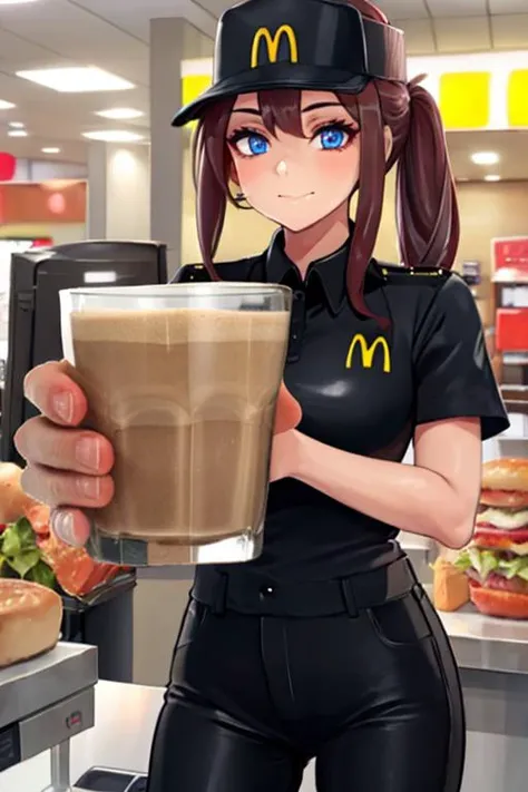 masterpiece, best quality, 1girl, solo, standing, burger, <lora:McDonaldsUniform:0.6> mcdonaldsuniform, black shirt, black pants, uniform, plate, visor cap, cashier, behind counter, <lora:concept_choccymilk-10:1> choccymilk, holding, cup