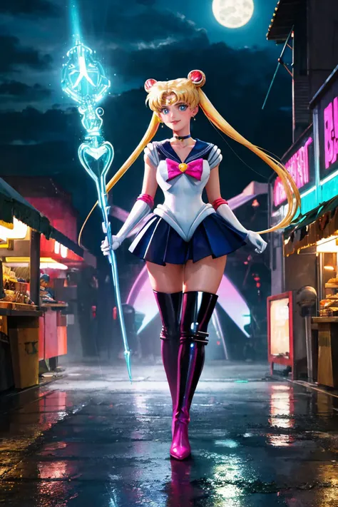 masterpiece, best quality, japan, slums, dirt, mud, fields, <lora:Blade Runner 1982:0.65> 1girl, solo, standing, magical girl, (sailor moon:1.2), skirt, serafuku, (cyborg, android:1.1), smile, long hair, full moon, neon trim, neon lights, dark, darkness, night sky, night, dystopian, neon signs, rain, raining, rtx, ray tracing, reflection, (double bun, twintails:1.1), blonde hair, pink knee boots, white elbow gloves, mechanical parts, mechanical halo, choker, halo, glowing, holding staff, stave, staff, market stall, (latex, iridescent:1.2), fog, tiara
