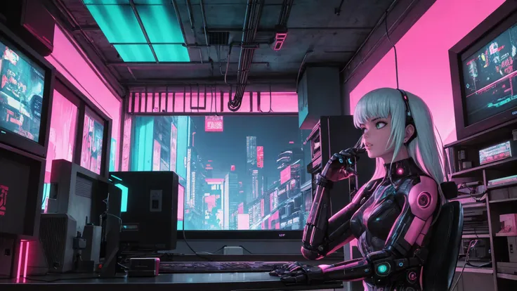 masterpiece, best quality, bedroom, bed, futuristic, science fiction, (cyberpunk:1.3), standing, 1girl, solo, neon trim, (bodysuit:0.65), window, water drop, cityscape, skyscraper, neon lights, neon, white hair, bangs, parted lips, night sky, darkness, dark, night, window fog, glass, ceiling, windowsill, 1980s \(style\), CRT, old computer, commodore 64, cables, wires, cords, nintendo power glove, retro artstyle, retro futurism, work bench, leaning back, posters, sitting, (monitor, keyboard \(computer\), mouse \(computer\):0.8)