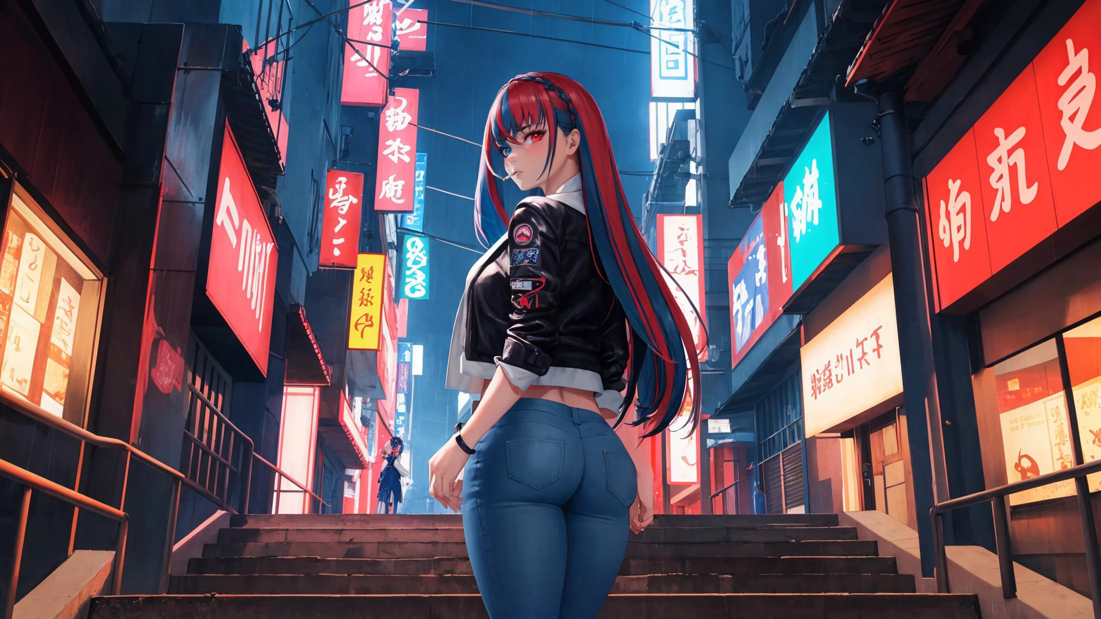 masterpiece, best quality, purple theme, 1girl, solo, standing, cyberpunk, empty street, jacket, leather, jeans, purple glow, pink neon, pink neon lights, raytracing, rtx, 4k, immaculate detail, hyper real render, darkness, dark, night, night sky, <lora:alear-fe-richy-v1:1> alear, heterochromia, japanese, china town, asian text, east asian architecture, smoking, cigarette, raining, hand rail, very long hair, looking at viewer, parted lips, looking back, stairs,