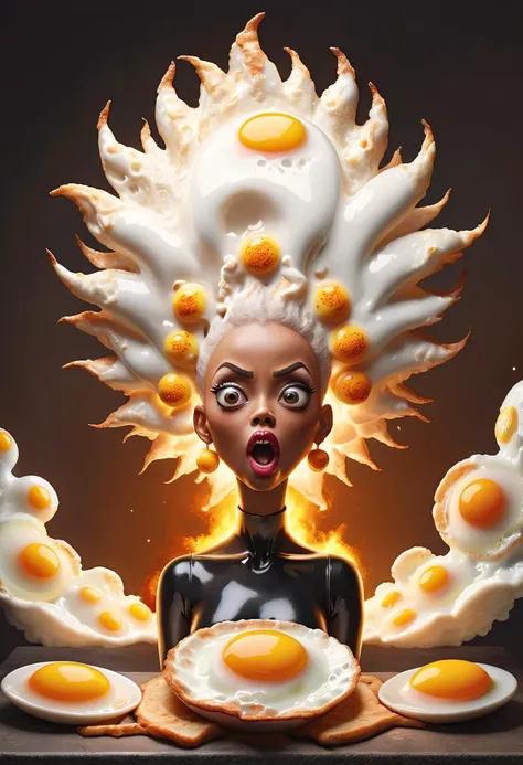 [giant nuclear explosion mushroom cloud:close-up of a domestic goddess with hair stylized as a nuclear explosion, bald, mindblown, shocked expression, mouth open wide, big eyes : 8], plasmonic interference, dark vibes, off-center, afrofuturism, vibrant details
<lora:ral-friedegg-sdxl:0.8> ral-friedegg