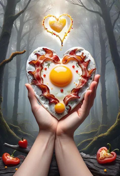 ethereal fantasy concept art of background gray forest, hand holding a heart made of ral-friedegg with veins and bacon thorns and pepper sprinkles, magnificent, celestial, ethereal, painterly, epic, majestic, magical, fantasy art, cover art, dreamy
<lora:ral-friedegg-sdxl:0.8>