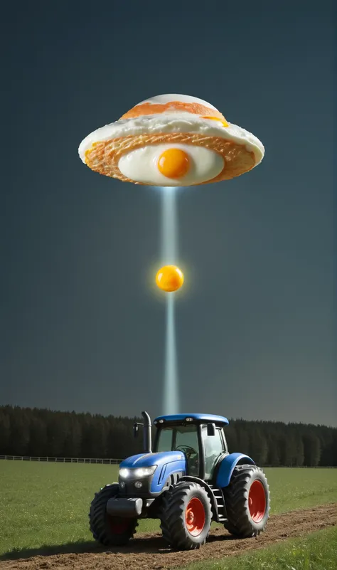 a ufo spaceship, abducting a cow with a tractor beam, ufo made of <lora:ral-friedegg-sdxl:.7> ral-friedegg, BREAK,