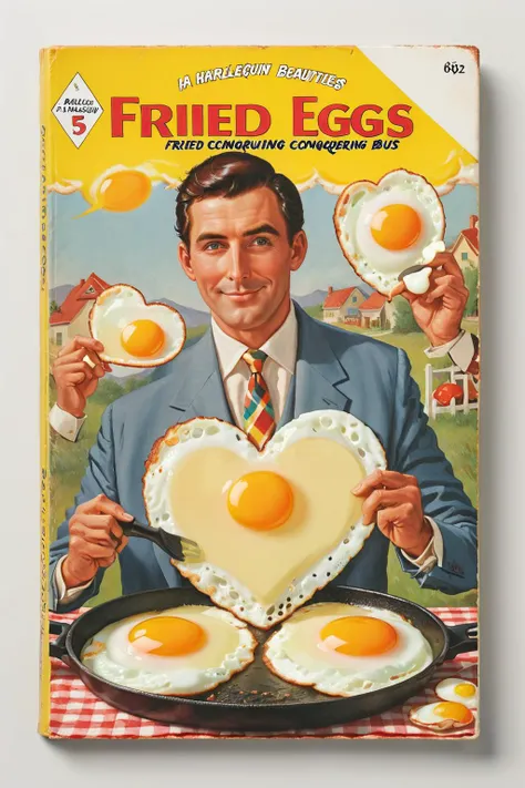 ral-friedegg,<lora:ral-friedegg:1>,
<lora:wizards_vintage_romance:1>,
book cover of a harlequin romance novel called (" Fried Eggs - Conquering Beauties "),a man in a suit is frying eggs with a frying pan,heart-shaped fried eggs,