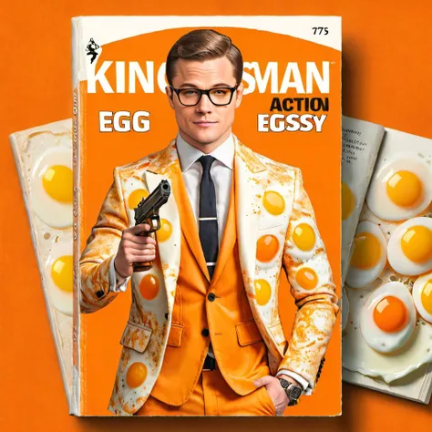 (Book cover of a vintage action novel "Kingsman Eggsy":1.5),Taron Egerton wearing a ral-friedegg (blazer made of eggs:1.5),(holding a pistol:1.3),shooting pose,orange background,realistic,highly detailed,realistic,lifelike,studio photo,highly detailed,colors,dynamic,cinematic,masterpiece,intricate,hdr,abstract fractal,