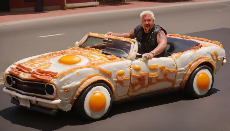 Guy Fieri guy fieri man driving a 1968 Chevrolet Camaro SS convertible made of ral-friedegg bacon in a town made of food, fried egg wheels, <lora:ral-friedegg:1>, <lora:BaconXL:0.7>,  <lora:guyfieri-xl-000007:0.5>