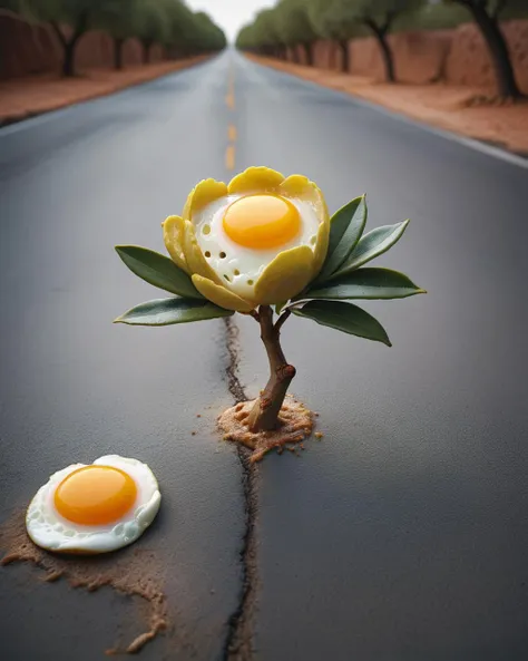 Camellia, Pottery, Color splash, Raw digital photo of a Sudanese Olive, inside of a Road, Fall, deep focus, Realistic, Depressing, film grain, Fuji superi400, F/1.8, sad, realism, <lora:ral-friedegg:1> ral-friedegg