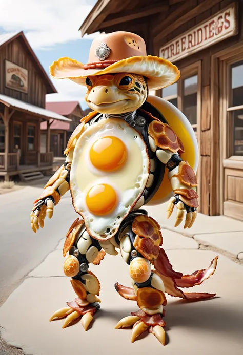 anthro turtle transparent cyborg suit made of ral-friedegg with bacon accents wearing a cowboy hat in an old cowboy town
<lora:ral-friedegg-sdxl:0.8>