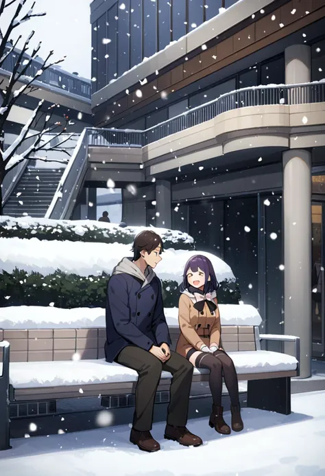 masterpiece, best quality, very aesthetic, absurdres,
moriguchishi, 1girl, 1boy, minase_nayuki, snow, long hair, thighhighs, blue hair, snowing, bench, short hair, winter, purple hair, brown hair, couple, scenery, 
<lora:moriguchi_SDXL_V1:0.8>