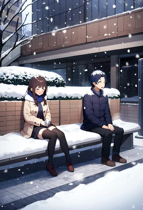 masterpiece, best quality, very aesthetic, absurdres,
moriguchishi, 1girl, 1boy, minase_nayuki, snow, long hair, thighhighs, blue hair, snowing, bench, short hair, winter, purple hair, brown hair, couple, scenery, 
<lora:moriguchi_SDXL_V1:0.8>