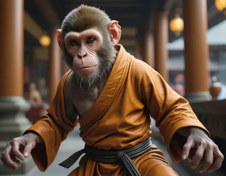 (off-center) photo of a monkey (monk outfit:1.3) An environment that has just been waxed and carefully cleaned where everything is shiny and organized, high-key lighting (dynamic action pose:1.2) detailed background depth of field <lora:detailed_notrigger:1>