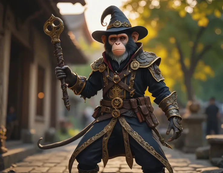 (off-center) photo of a monkey (witch hunter outfit:1.3) A place full of my ancestral past and several vessels with trapped souls, golden hour (dynamic action pose:1.2) detailed background bokeh <lora:detailed_notrigger:1>