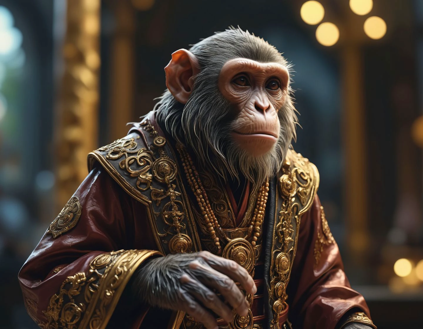 (off-center) photo of a monkey (priest of the old faith outfit:1.3) An environment that has just been waxed and carefully cleaned where everything is shiny and organized, cold lighting (dynamic action pose:1.2) detailed background bokeh <lora:detailed_notrigger:1>