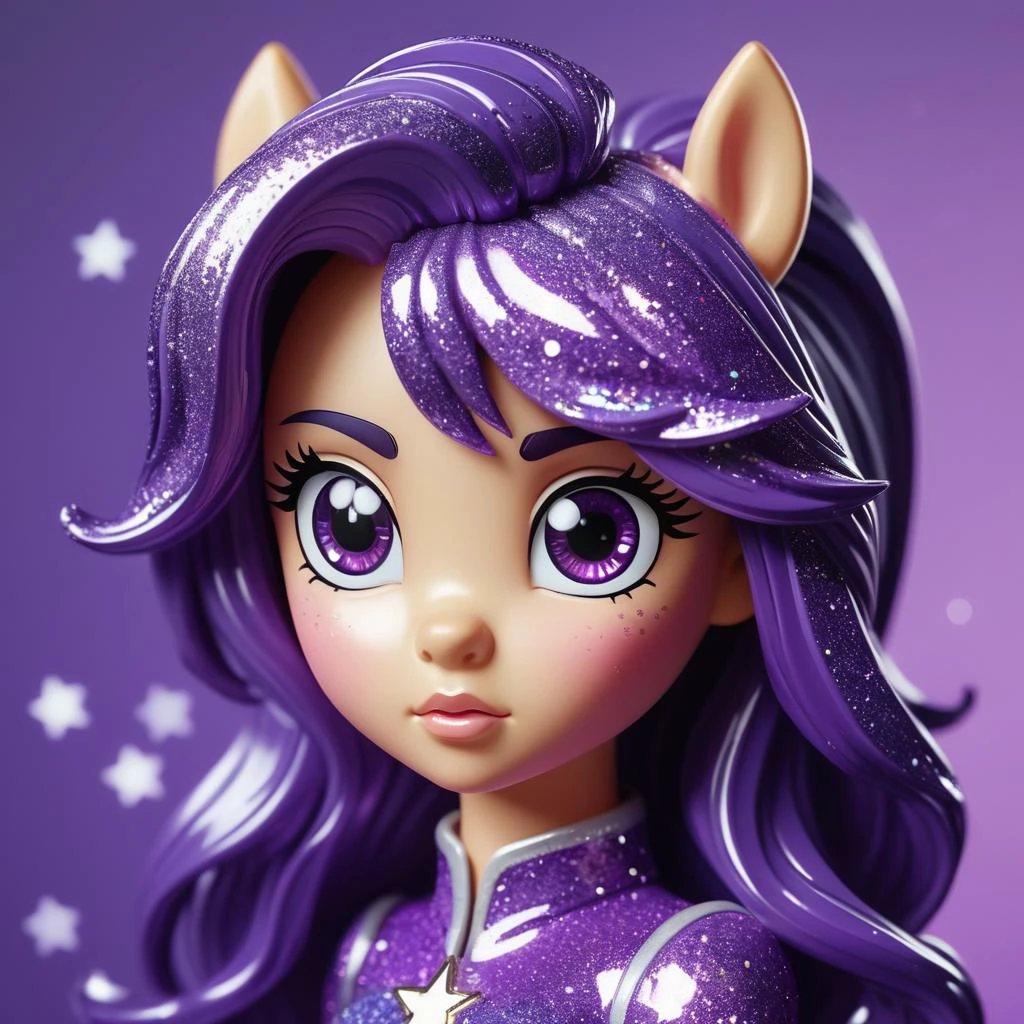 Closeup of a Glossy shiny disappointed tired stylised waifu my little pony, glitter stars, purple background