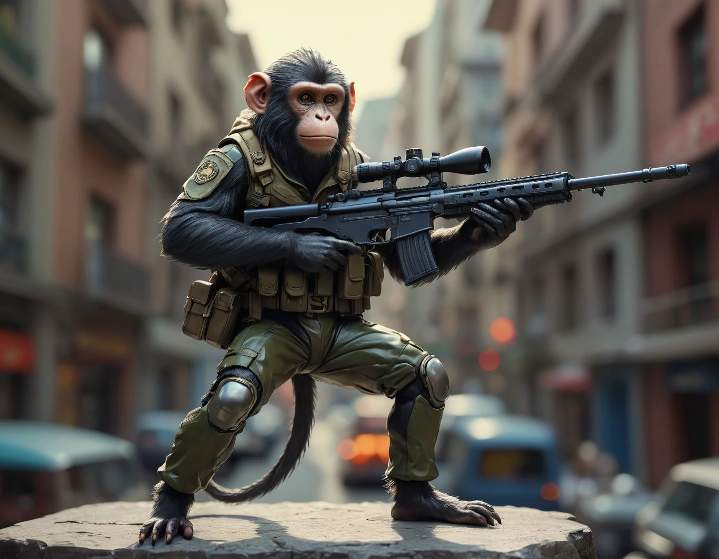 (off-center) photo of a monkey (sniper outfit:1.3) An environment that has just been waxed and carefully cleaned where everything is shiny and organized, midday lighting (dynamic action pose:1.2) detailed background bokeh <lora:detailed_notrigger:1>