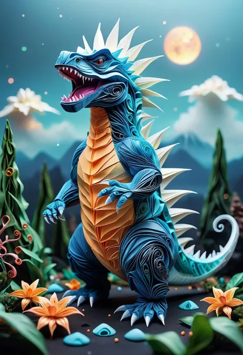 hyper realistic photography of a cute magical godzilla in an enchanted wonderland, beautiful whimsical fantasy art concept, detailed background, glowing particles, sky blue theme, ultra sharp, realism <lora:artfullyFLOWER_SDXL_V1:0.8> Artflwr, Quilling, Encaustic, Origami, Paper cutting