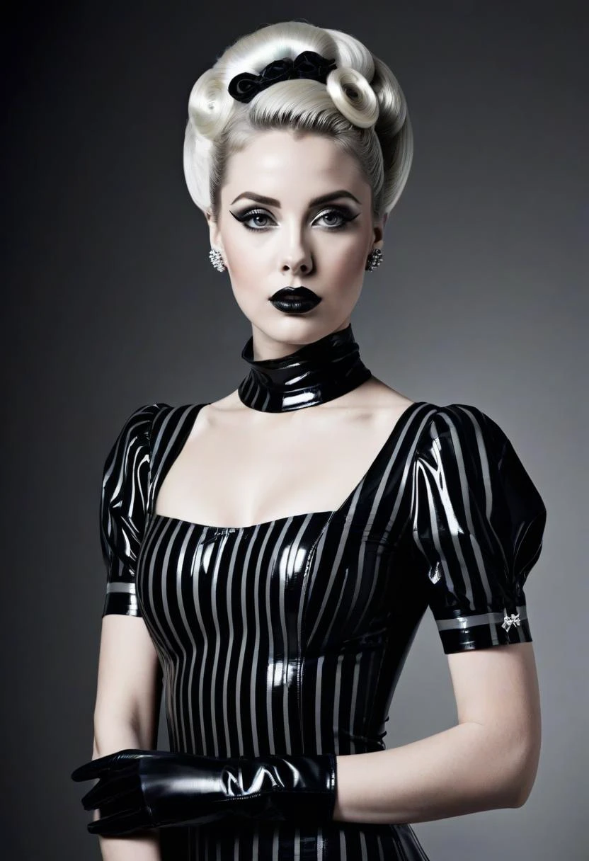 Film noir style beautiful feminine woman, solo, <lora:Outfit_soph-StripedLatexWiggle-PDXL:0.8> dr3ss, (latex) striped bodycon dress, short puffy sleeves, fingerless gloves, detatched sleeves, eyeliner, eyeshadow, makeup, black lips skin tight latex, chignon hair, hair ornament white hair . Monochrome, high contrast, dramatic shadows, 1940s style, mysterious, cinematic