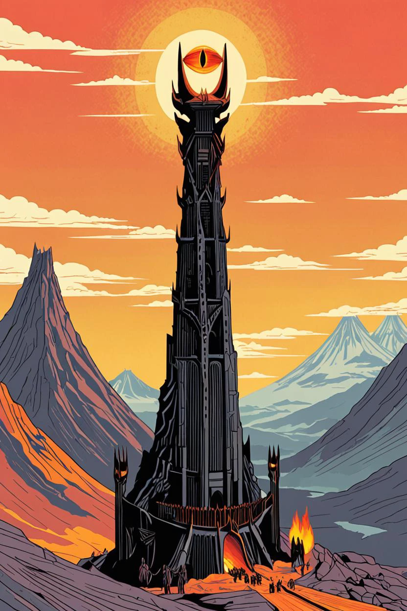 ((masterpiece, best quality)), high resolution, highly detailed, 32k picture, realistic, professional photo, SauronsTower, eye focus, big eye, mountain, orange sky, flat colors, ,<lora:Saurons_Tower_XL:0.8>,