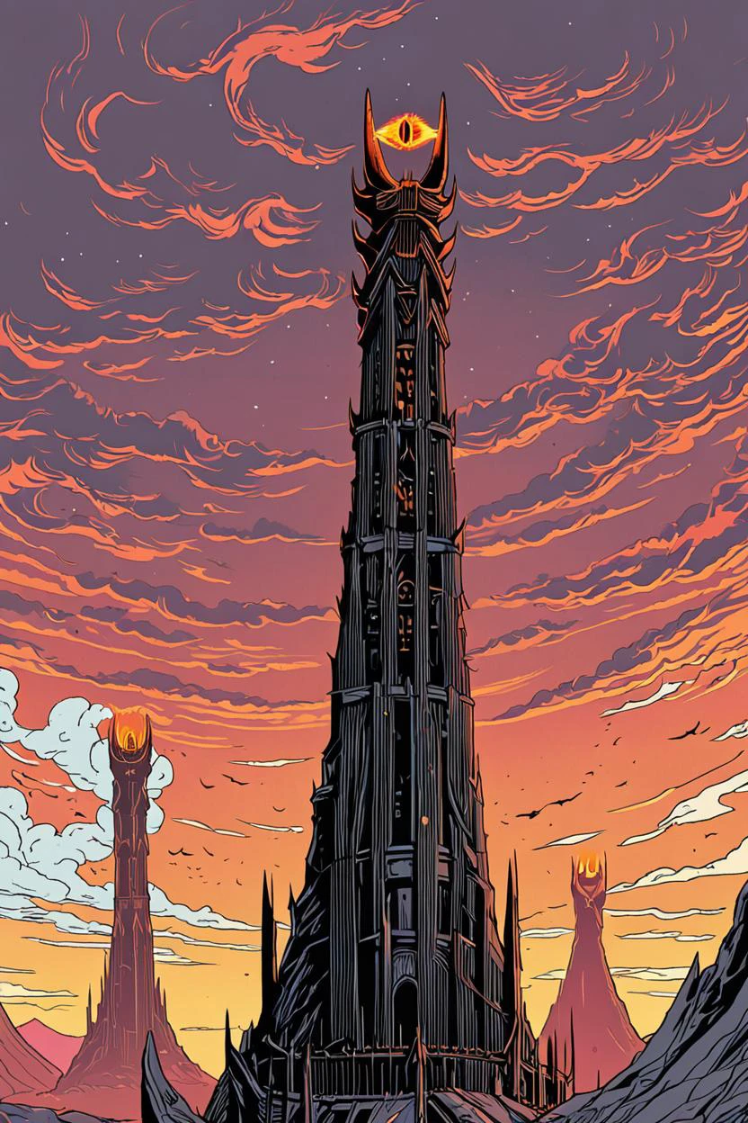 ((masterpiece, best quality)), high resolution, highly detailed, 32k picture, realistic, professional photo, SauronsTower, eye focus, big eye, flat colors, ,<lora:Saurons_Tower_XL:0.8>,