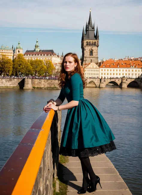 portrait of sks woman in Prague, at the Charles Bridge, by Flora Borsi, style by Flora Borsi, bold, bright colours, ((Flora Borsi)), by Imogen Cunningham, <lora:locon_madelainepetsch_v1_from_v1_64_32:1>