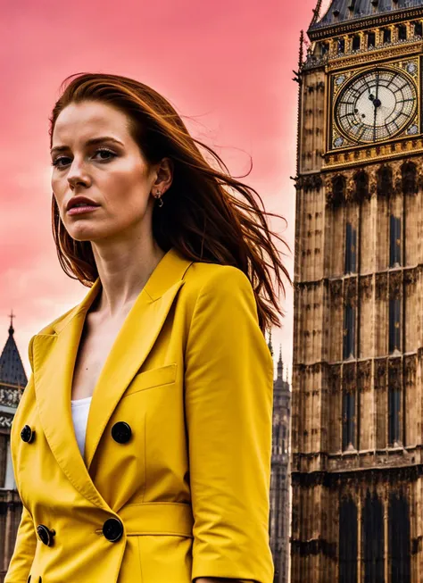 portrait of sks woman in London, with Big Ben in the background, by Flora Borsi, style by Flora Borsi, bold, bright colours, ((Flora Borsi)), by William Eggleston, <lora:locon_madelainepetsch_v1_from_v1_64_32:1>